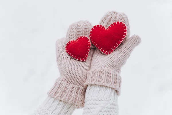 Menina segurando corações no inverno natureza — Fotografia de Stock