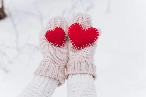 Girl holding hearts in winter nature