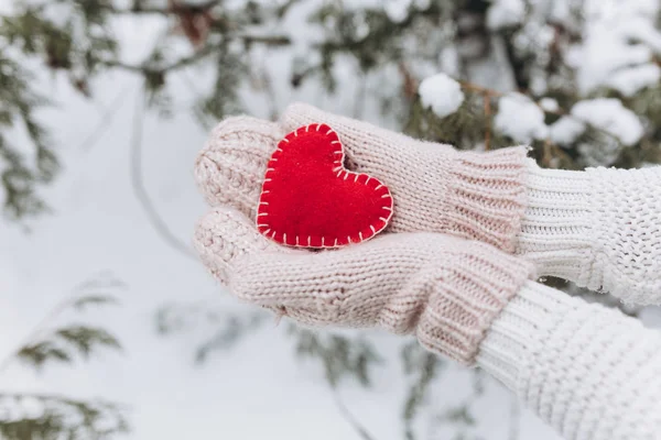 Fille tenant coeur en hiver nature — Photo