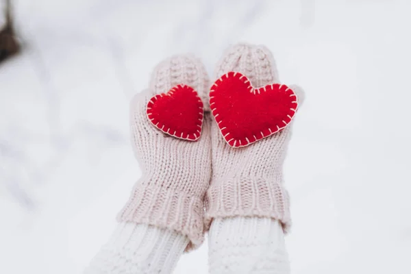 Menina segurando corações no inverno natureza — Fotografia de Stock