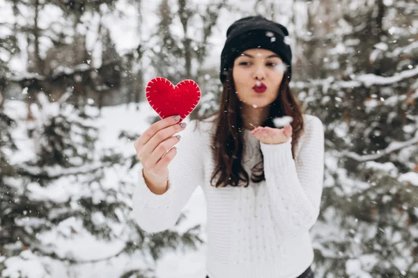 Niña sosteniendo el corazón en invierno naturaleza —  Fotos de Stock