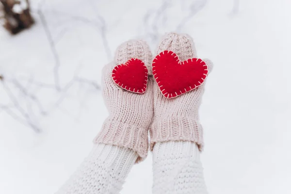 Girl holding hearts in winter nature