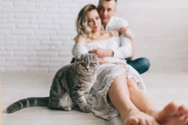 Couple avec chat écossais — Photo