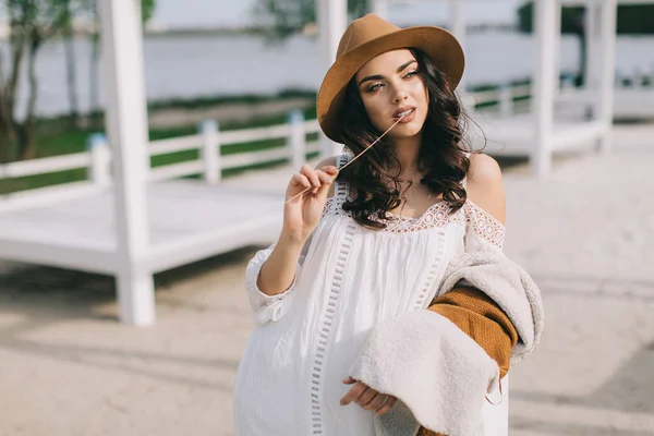 Hermosa modelo en sombrero marrón —  Fotos de Stock