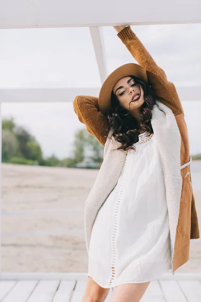 Hermosa modelo en sombrero marrón —  Fotos de Stock