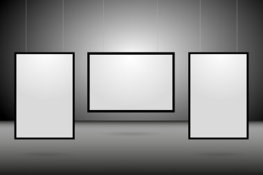 Poster şablonu. Karanlık bir arka plan üzerinde asılı boş kağıtlar.