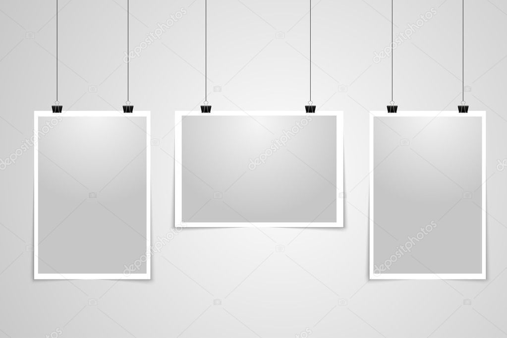 Vector posters template of a papers sheet.  Mock ups. Templates  . Blank  in  light frames hanging with clips on   background .