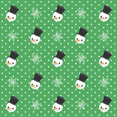 Noel vektör seamless modeli. Kardan adam ve yeşil bir arka plan üzerinde kar taneleri.