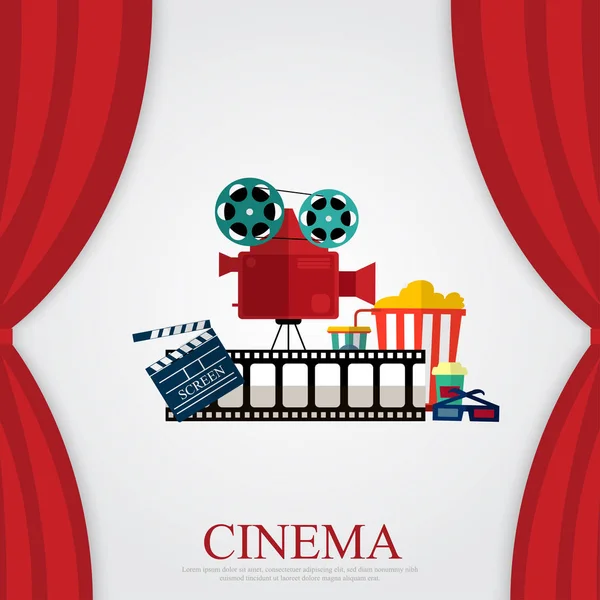 Reds curtains and film object with popcorn, soda and eyeglasses — Stock Vector