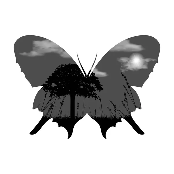 Vector Double Exposure. Butterfly med träd, gräs, moln och sol — Stock vektor