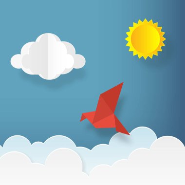 Kağıt sanat tarzı resimde. Bulutlar ve mavi gökyüzü güneş kuş. Yaz arka plan. Vektör çizim