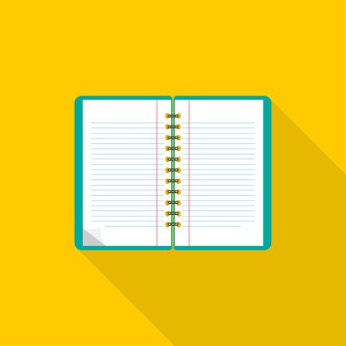 Not defteri. Düz tasarım. Mavi arka plan üstünde defter. Açık not etmek. Vektör simgesi