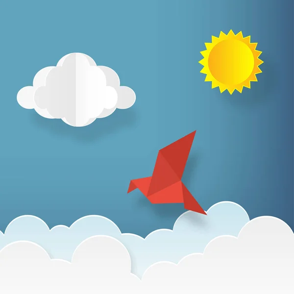 Ilustração em estilo de arte de papel. Pássaro com nuvens e sol no céu azul. Fundo de verão. Ilustração vetorial —  Vetores de Stock