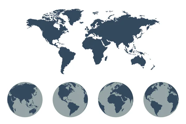 Mappa del mondo Icona vettoriale con globi terrestri — Vettoriale Stock