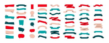 Beyaz arka planda izole edilmiş renkli Kurdele Sancakları. Kurdeleler farklı şekil ve renk topluyor. Kurdele Sancakları vektör simgeleri