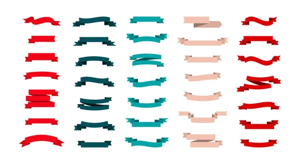 Κορδόνια Πανό σε μοντέρνο επίπεδο σχεδιασμό. Ribbon Banners διανυσματικά εικονίδια διαφορετικού σχήματος και χρώματος που απομονώνονται σε λευκό φόντο. Συλλογή διαφημιστικών ταινιών. Διάνυσμα — Διανυσματικό Αρχείο