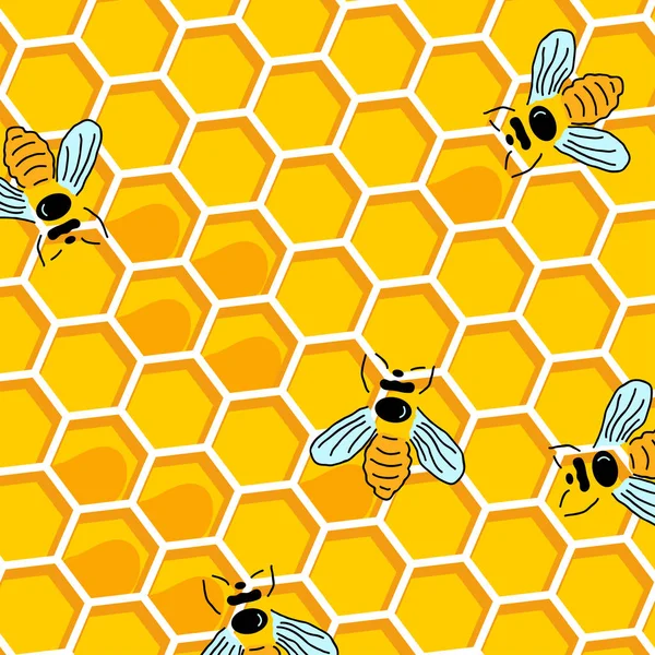 Honingbij Honingraat Honing Naadloze Patroon Achtergrond Bijen Met Honing Honingraat — Stockvector