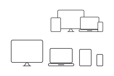 Aygıt Vektör Hattı Simgeleri izole edildi. Bilgisayar ekranı, Laptop, Sekme