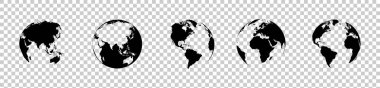 Dünya küreleri, saydam bir arkaplanda izole edilmiş. Beş Dünya Glosu