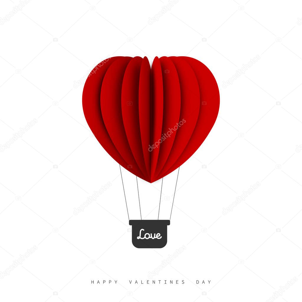 Valentines Day. Air balloon in heart shape. Paper art and origam