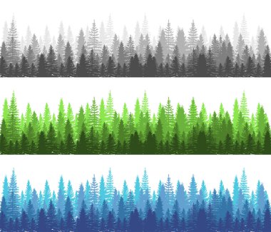 Orman mevsimi Yaz, Kış ve Karanlık Orman koleksiyonu. Çam, Spruce ve Noel Ağacı Panorama Ormanı. Siluet Ağaçları. Vektör illüstrasyonu