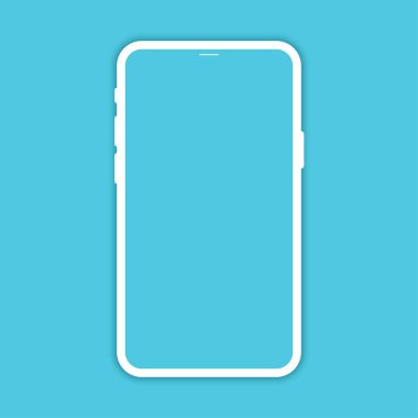 Beyaz Telefon Mockup 'ı boş ekranlı, mavi arka planda izole edilmiş. Gölge vektör ikonlu akıllı telefon. Yumuşak, temiz, beyaz cep telefonunun yeni versiyonu. Vektör illüstrasyonu