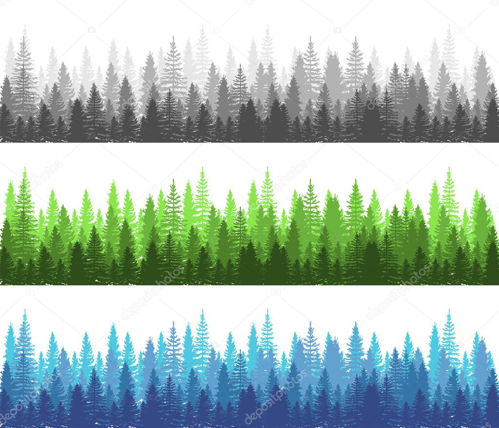 Forest different season Summer, Winter and Dark Forest collection. Pine, Spruce and Christmas Tree Panorama view Forest. Silhouette Trees. Vector illustration