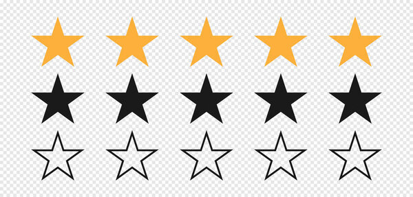 Star. Stars rating. Set of five stars yellow and black color. Quality symbol. Feedback concept. Linear design. Stars vector icons isolated on transparent background. Vector illustration