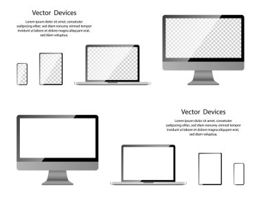 Ekran modeli. Saydam ve beyaz ekranlı gerçekçi bilgisayar monitörü, dizüstü bilgisayar, tablet ve telefon. Elektronik cihazlar ve Gadget 'lar, beyaz arka planda izole edilmiş. Vektör illüstrasyonu