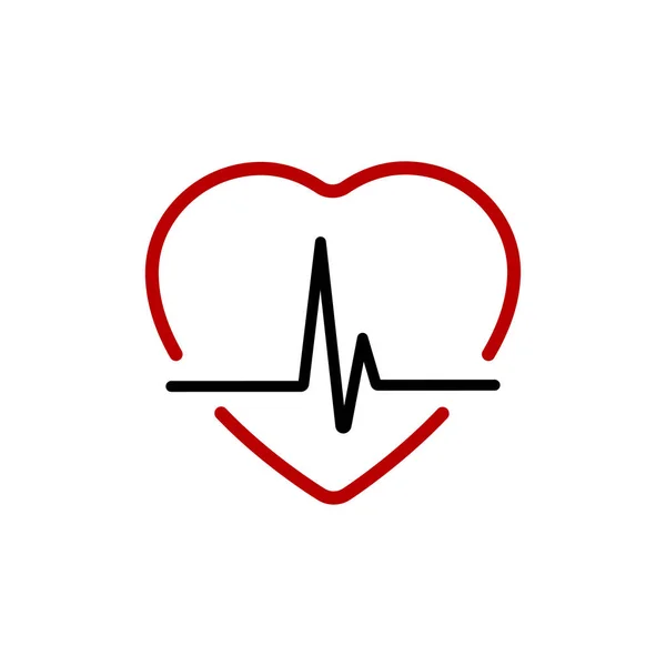 Battito cardiaco con cuore rosso. Heart beat line icona nera con cuore rosso nel design lineare, isolato su sfondo bianco. Traccia di polso in stile moderno piatto. Illustrazione vettoriale — Vettoriale Stock
