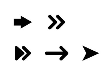 Siyah ok vektör simgeleri. Ok at. İmleç simgeleri. Farklı şekillerde, beyaz arkaplanda izole edilmiş oklar. Modern basit düz dizaynda art arda oklar. Vektör aktarımı