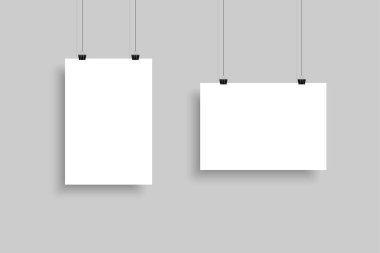 Beyaz kağıt, yatay ve dikey olarak. Gri arka planda izole edilmiş, gölgeli bir şablon. Gerçekçi boş a4 format kağıdı. Vektör illüstrasyonu