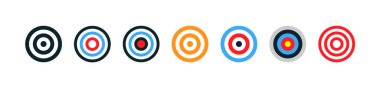 Hedef koleksiyonu. Hedef vektör simgeleri, beyaz arkaplanda izole. Farklı şekil ve renkleri hedefler. Okçuluk hedef iş konsepti. Vektör illüstrasyonu