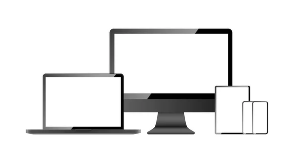 デバイス画面のモックアップコレクション 白い背景に隔離されたコンピュータ画面 ラップトップ タブレット 携帯電話 リアルなデザインで空白の画面を持つデバイス ベクターイラスト — ストックベクタ