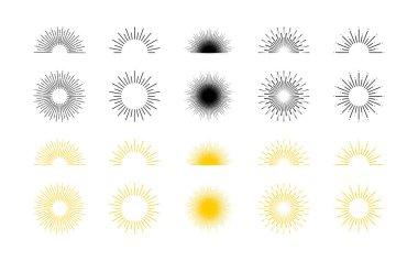 Güneş ışığı ve gün doğumu, çizgi çizimi. Güneş ışınları koleksiyonu. Güneş patlaması. Gün doğumu. Düz dizaynda gün doğumu veya güneş doğumu. Vektör illüstrasyonu