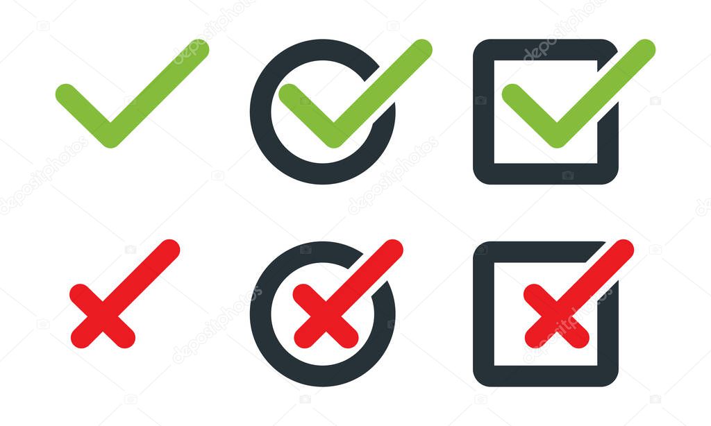 Check mark with cross, isolated. Check mark with cross vector icons in flat design. Check marks with crosses in circle and square. Vector illustration