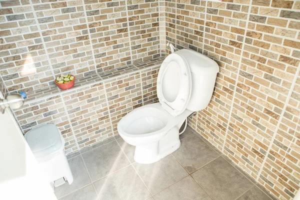 Thuis badkamer wit flush toilet in de badkamer — Stockfoto