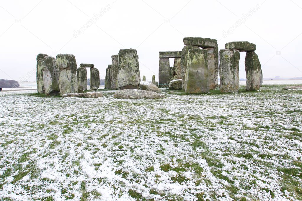 Stonehenge in the winter with snow