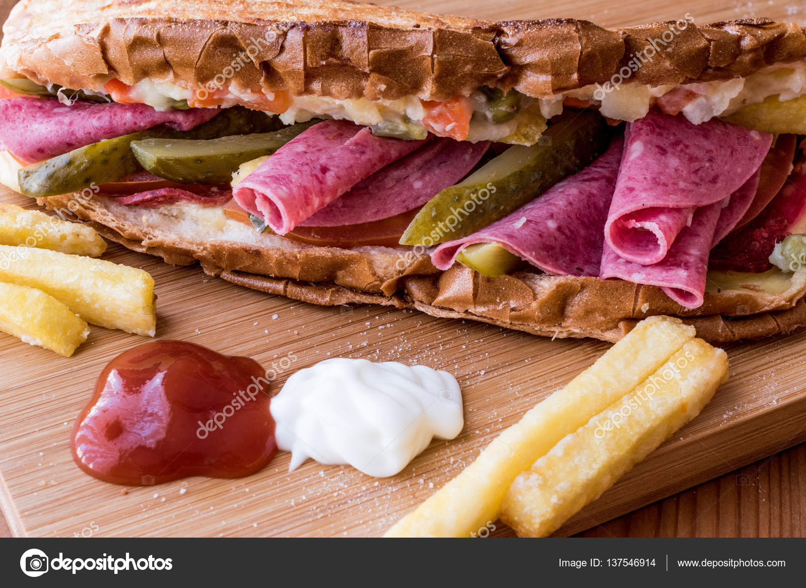 Ayvalik Toast / Salami Sandwich with Russian Salad, pickle and potatoes