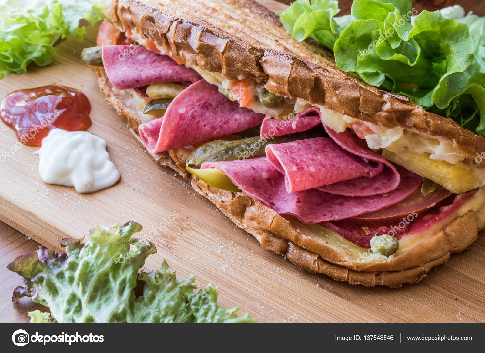 Ayvalik Toast / Salami Sandwich with Russian Salad and pickle — Stock