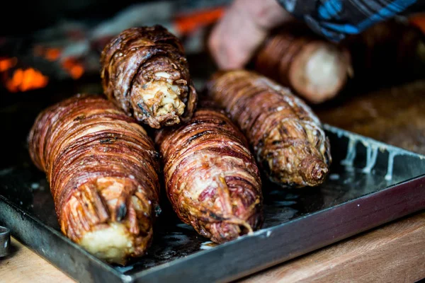 Turkish Street Food Kokorec made with sheep bowel cooked in wood fired oven — Stock Photo, Image