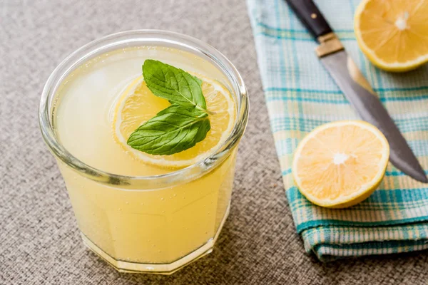 Bebida de limonada de agua de soda con hojas de menta y limón . —  Fotos de Stock