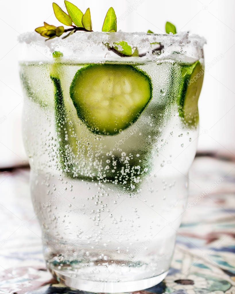 Gin Tonic Cocktail with cucumber slices and ice.