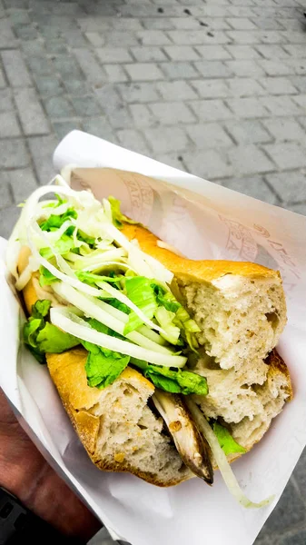 Comida callejera turca pan de pescado con cebollas y verduras / Balik Ekmek — Foto de Stock