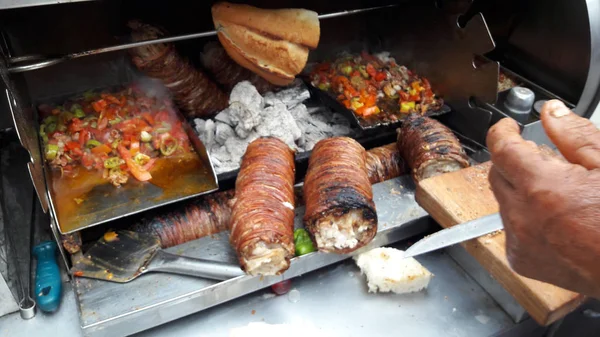 Turkish Street Food Kokorec made with sheep bowel. — Stock Photo, Image