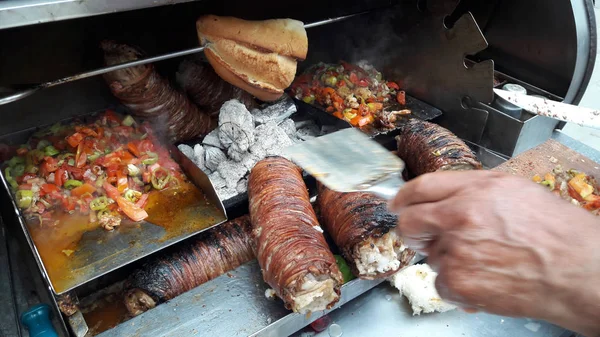 Turkish Street Food Kokorec made with sheep bowel. — Stock Photo, Image