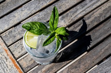 Votka veya cin tonik kokteyl limon, nane yaprakları ve buz Garden (doğal ışık ile). 
