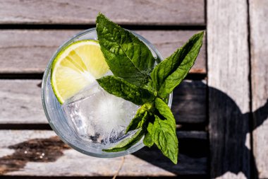 Votka veya cin tonik kokteyl limon, nane yaprakları ve buz Garden (doğal ışık ile). 