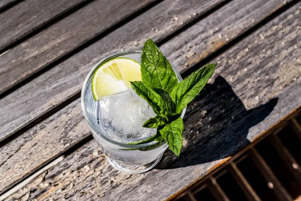 Водка или джин тоник коктейль с лаймом, листья мяты и льда в саду (естественное освещение ). — стоковое фото