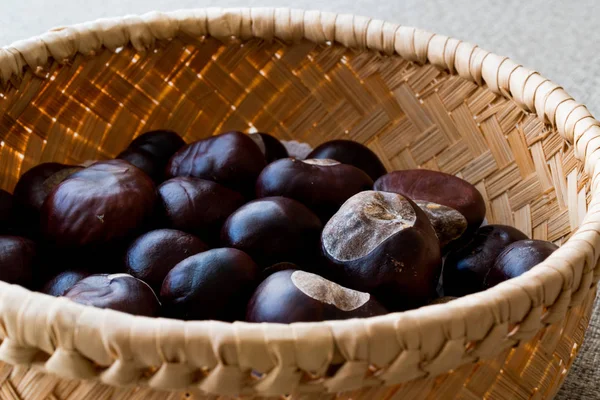 Castanhas de cavalo em cesta de madeira — Fotografia de Stock